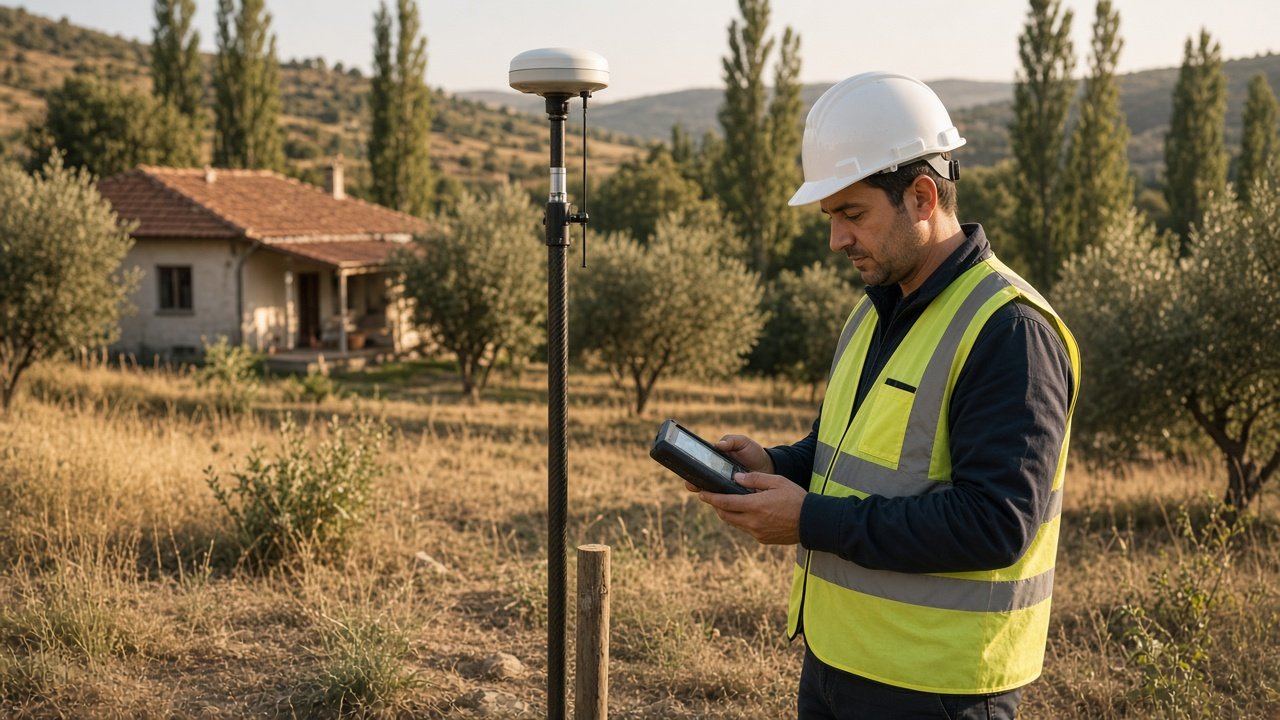 Bilecik’te parsel köşesine GNSS ile aplikasyon yapan harita ekibi